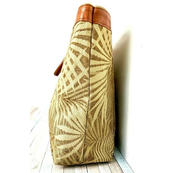 XL RAINIER CLUB BEIGE TAPESTRY BROWN GENUINE LEATHER HANDBAG TOTE SHOULDER BAG - Picture 5 of 11